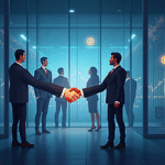 Photorealistic scene of Kraken trading: handshake with investor, glass, tokens and rising charts.