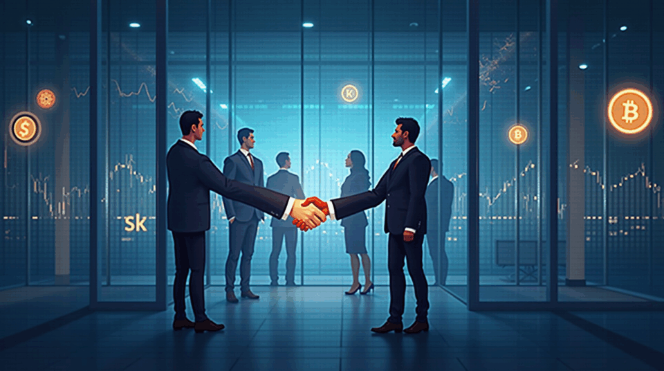 Photorealistic scene of Kraken trading: handshake with investor, glass, tokens and rising charts.