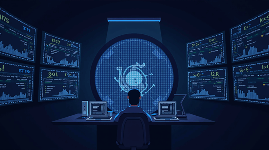 Futuristic crypto trading floor with Kraken silhouette and screens showing funded accounts and rising charts.