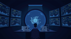 Futuristic crypto trading floor with Kraken silhouette and screens showing funded accounts and rising charts.