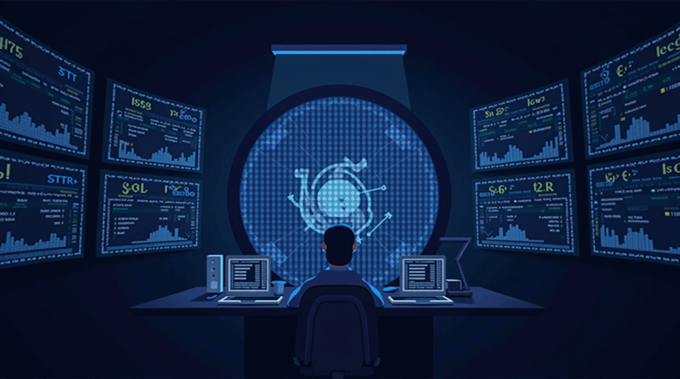 Futuristic crypto trading floor with Kraken silhouette and screens showing funded accounts and rising charts.