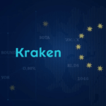 Kraken logo, tokenized stock icons, and EU flag layered over multi-chain blockchain visuals illustrating Europe on-chain equities.