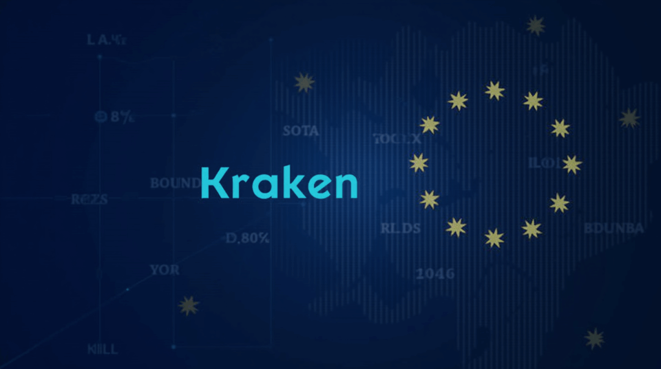 Kraken logo, tokenized stock icons, and EU flag layered over multi-chain blockchain visuals illustrating Europe on-chain equities.