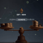 A balance scale weighing small crypto coins and a data blob labeled EIP-4844, with an Ethereum network background.