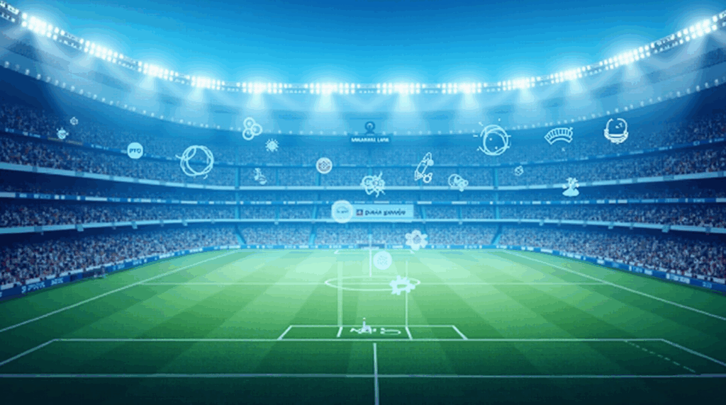 Photorealistic stadium in blue and white with an LBank billboard and blockchain icons, for regional sponsorship and education.