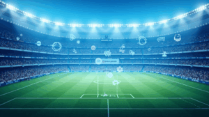 Photorealistic stadium in blue and white with an LBank billboard and blockchain icons, for regional sponsorship and education.