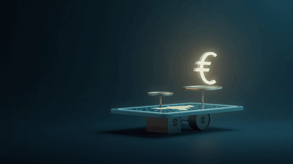 Digital euro symbol on a glass tablet, ECB-bank scales and an illuminated map of Europe.
