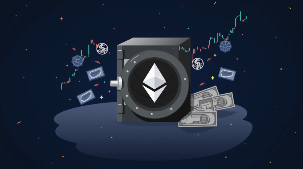 Photorealistic scene: central ETH symbol, rising charts and a corporate vault, illustrating liquidity vs ETFs and mNAV.