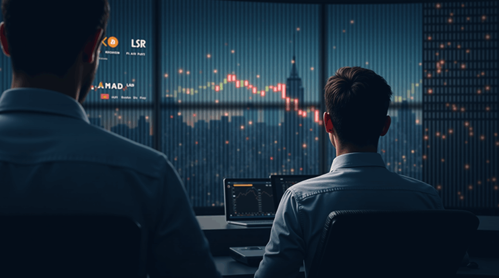 Photorealistic trader in a modern trading room, Bitcoin ticker and NAV on the rise, LSE in the background, regulated staking.