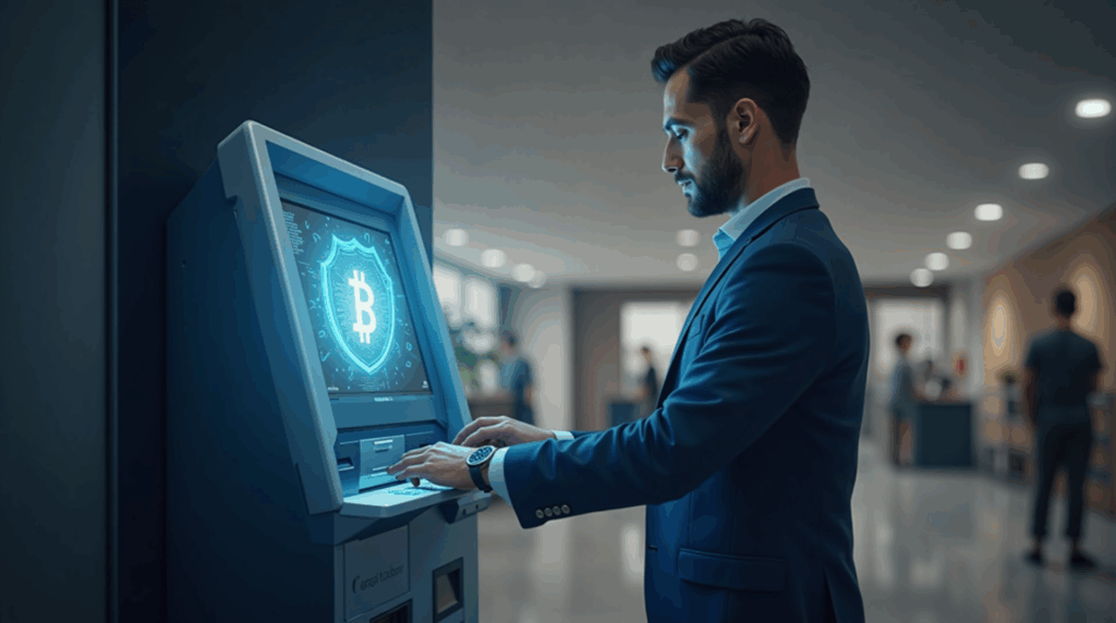 Bitcoin ATM in a modern lobby, user at the keypad, translucent shield and floating compliance icons.