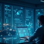 Institutional analyst in front of a glass desk with holographic dashboards of tokenized loans and blockchain