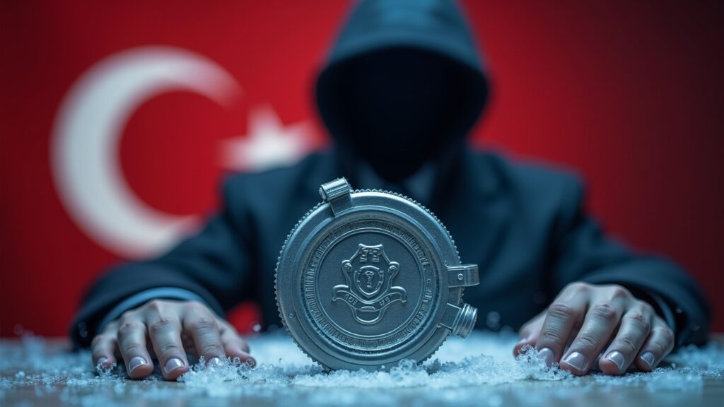 Government surveillance emblem in front of a bank vault and frozen crypto wallets, with the Turkish flag in the background.