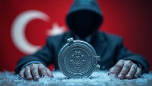 Government surveillance emblem in front of a bank vault and frozen crypto wallets, with the Turkish flag in the background.