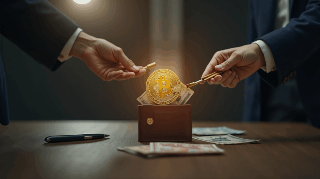 Real estate table in Tokyo with a crypto wallet and Bitcoin transforming into yen banknotes during a crypto real estate deal.