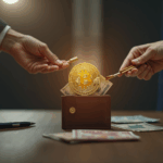 Real estate table in Tokyo with a crypto wallet and Bitcoin transforming into yen banknotes during a crypto real estate deal.