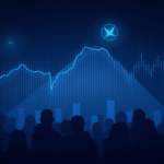 Crypto header with MemeCore logo at center, upward price chart and crowd of traders, neon blue glow.