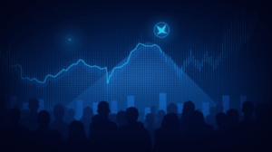 Crypto header with MemeCore logo at center, upward price chart and crowd of traders, neon blue glow.