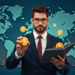 Executive reviewing Bitcoin reserves, with Tokyo and Miami skyscrapers in the background, symbolizing a global treasury.