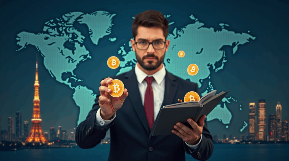 Executive reviewing Bitcoin reserves, with Tokyo and Miami skyscrapers in the background, symbolizing a global treasury.