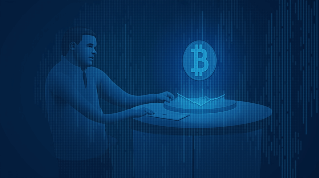 Corporate executive at a glass desk, holographic BTC graph and ledger, MicroStrategy logo on crypto blue background