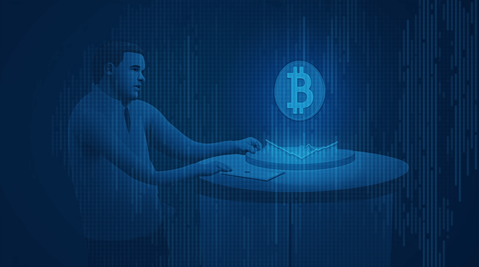 Corporate executive at a glass desk, holographic BTC graph and ledger, MicroStrategy logo on crypto blue background