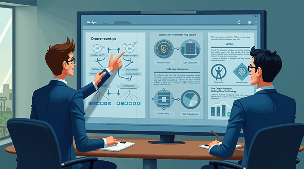 Michigan state treasurer in a modern office reviewing a crypto reserve dashboard with a vault and governance charts.