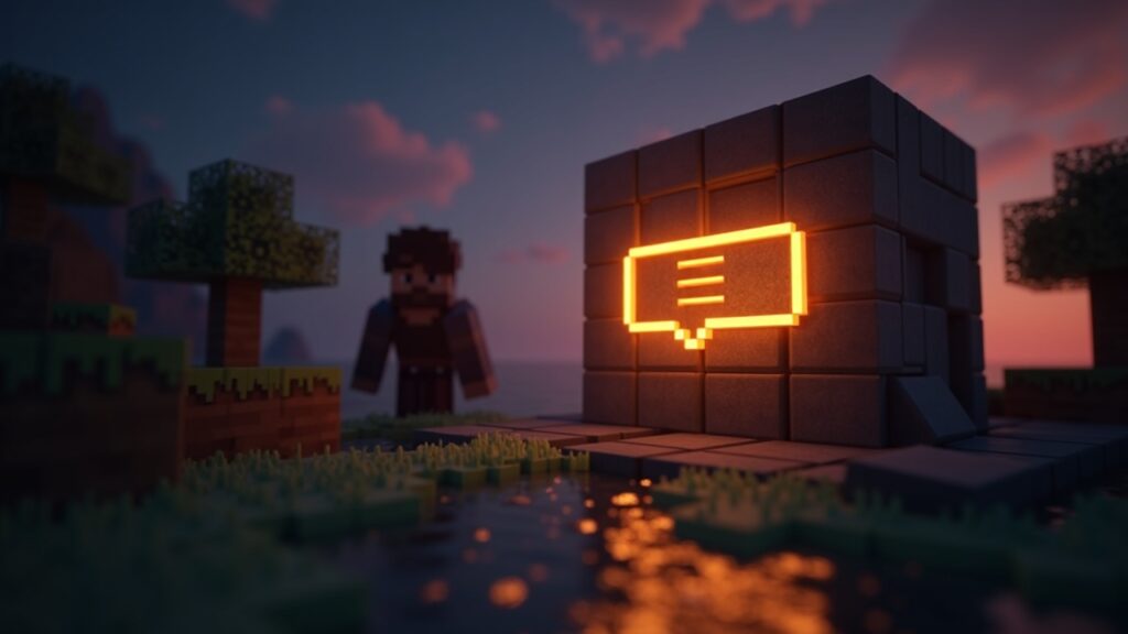 Scene from Minecraft with a glowing AI chat window in a voxel world; silhouette of a programmer in the background.