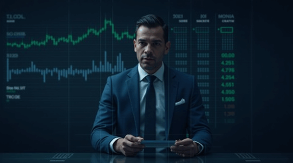 Banker in a suit in front of a modern trading desk, with holographic tickers of BTC, ETH and SOL and digital custody elements.