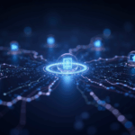 Nasdaq-style trading floor with tokenized shares, holographic screens and illuminated blockchain.