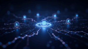 Nasdaq-style trading floor with tokenized shares, holographic screens and illuminated blockchain.