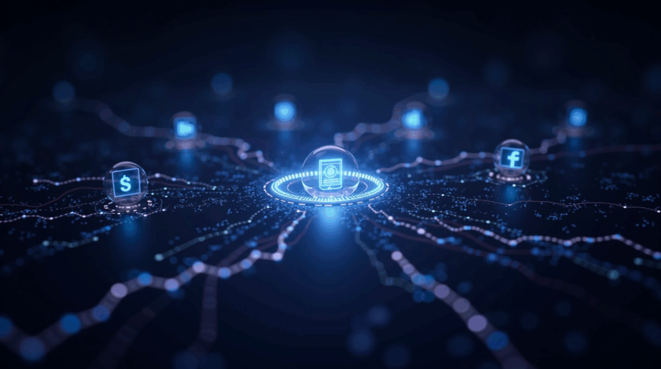 Nasdaq-style trading floor with tokenized shares, holographic screens and illuminated blockchain.