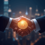 Handshake between Naver Financial and Upbit; merged logos and a shiny won stablecoin in the foreground