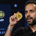 Bukele in the center, a Bitcoin coin in the foreground, IMF logos on both sides and a digital ticker, indicating regulatory tension.