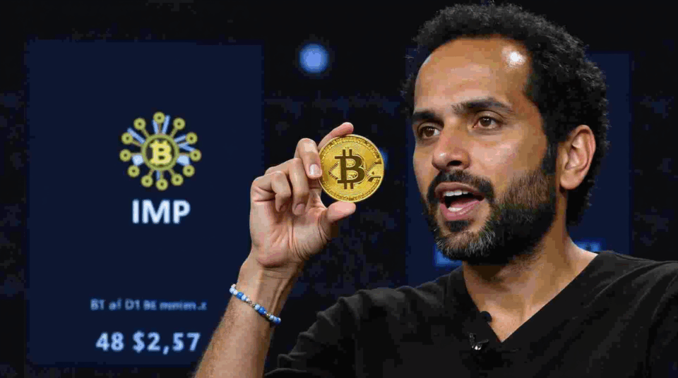 Bukele in the center, a Bitcoin coin in the foreground, IMF logos on both sides and a digital ticker, indicating regulatory tension.