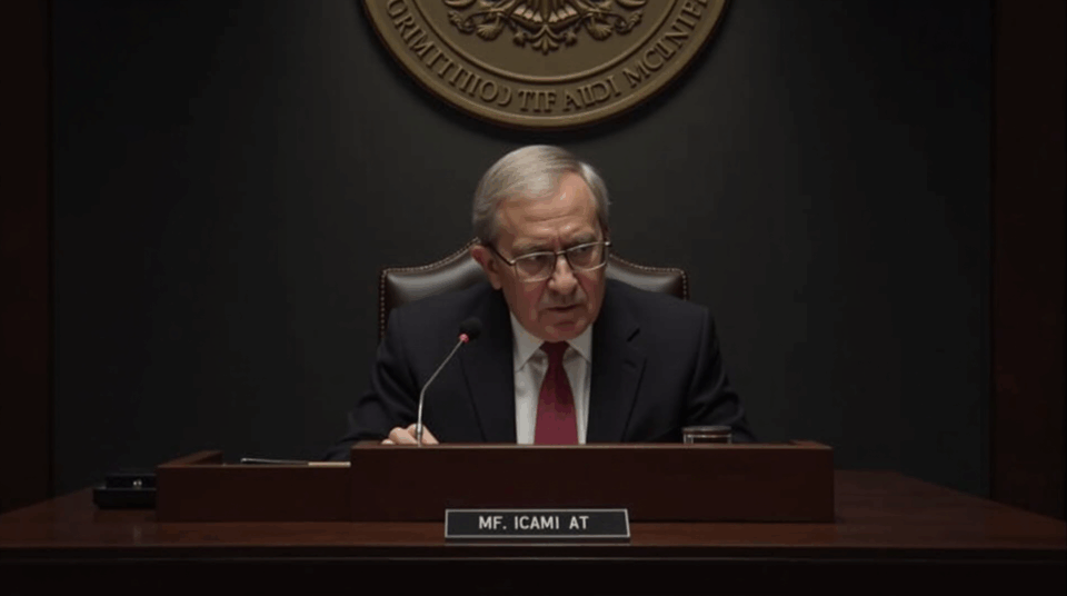 Fed economist at a podium with the Fed seal, in front of screens and tickers during the FOMC.