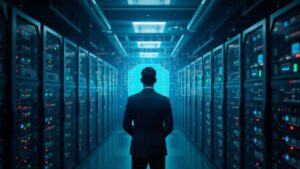 Central figure in a data center; Nvidia and Intel logos merge over a glowing blockchain grid.