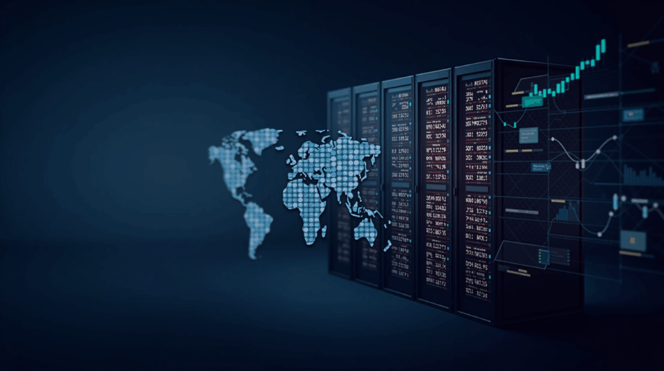 Futuristic data center with an AI neural network, rising stock charts, and a global mesh.
