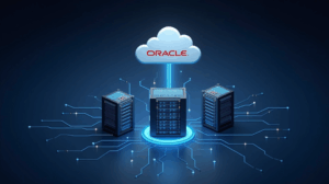 Photorealistic scene with the Oracle logo over a bright cloud data center, AI streams and cryptocurrency mining rigs in the foreground.