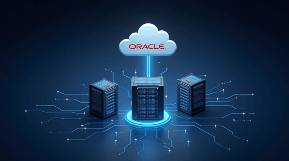 Photorealistic scene with the Oracle logo over a bright cloud data center, AI streams and cryptocurrency mining rigs in the foreground.