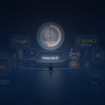 Google and Coinbase logos connected by a glowing USDC coin, over an AI payments panel