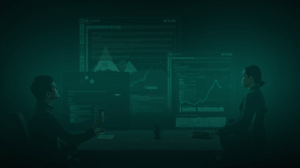 Analyst in a newsroom next to a glowing chart; PEPE rises against Bitcoin with social feeds and whale silhouettes in green-blue tones