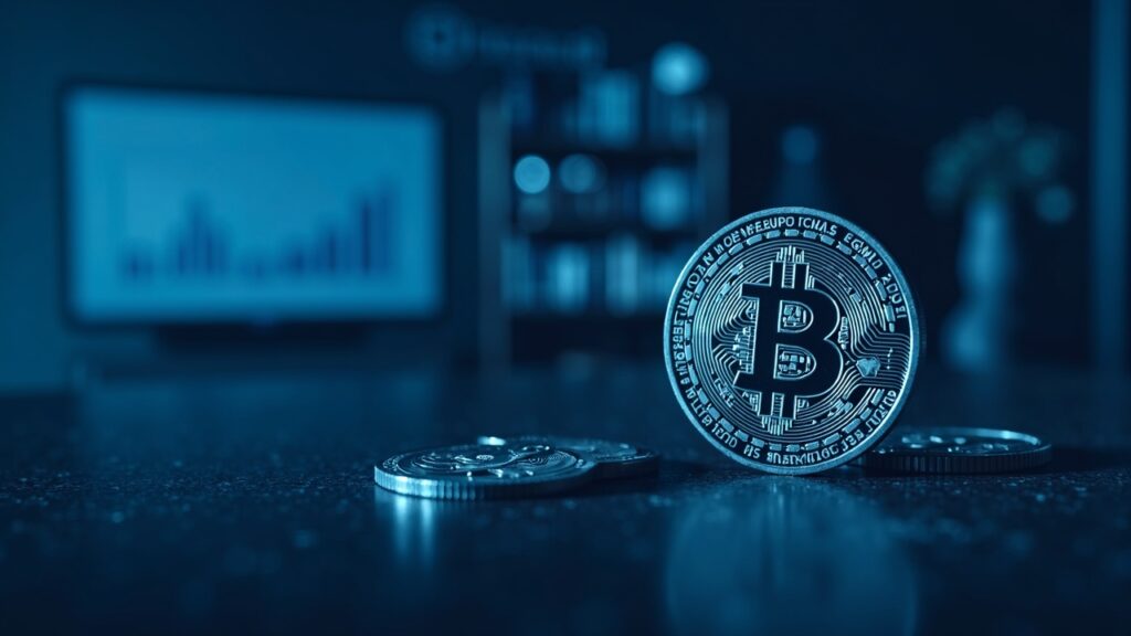 Close-up of a Pi coin with 314159, banner of the Global GCV Conference in a modern newsroom, blue lighting.