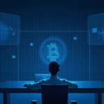 Analyst in front of screens with Bitcoin data and on-chain settlements automated by Chainlink for Polymarket