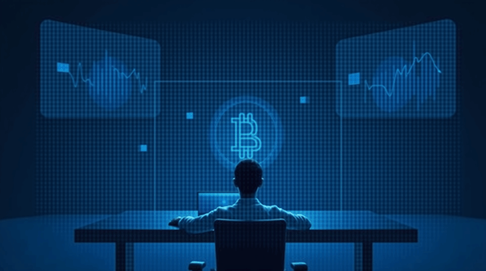 Analyst in front of screens with Bitcoin data and on-chain settlements automated by Chainlink for Polymarket