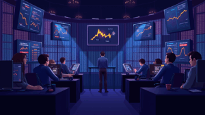 Photorealistic crypto room: traders at neon desks, screens with spikes and a satirical icon, highlighting decentralization and regulation