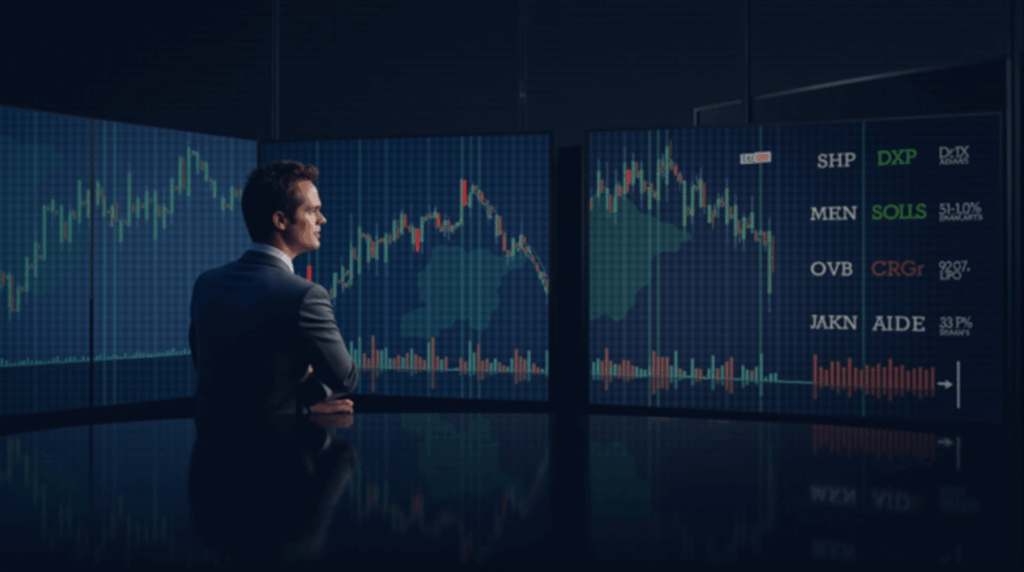 Analyst in a modern studio with screens of SPX, DXY and crypto tickers (BTC, ETH, XRP, BNB, SOL, DOGE, ADA, LINK).