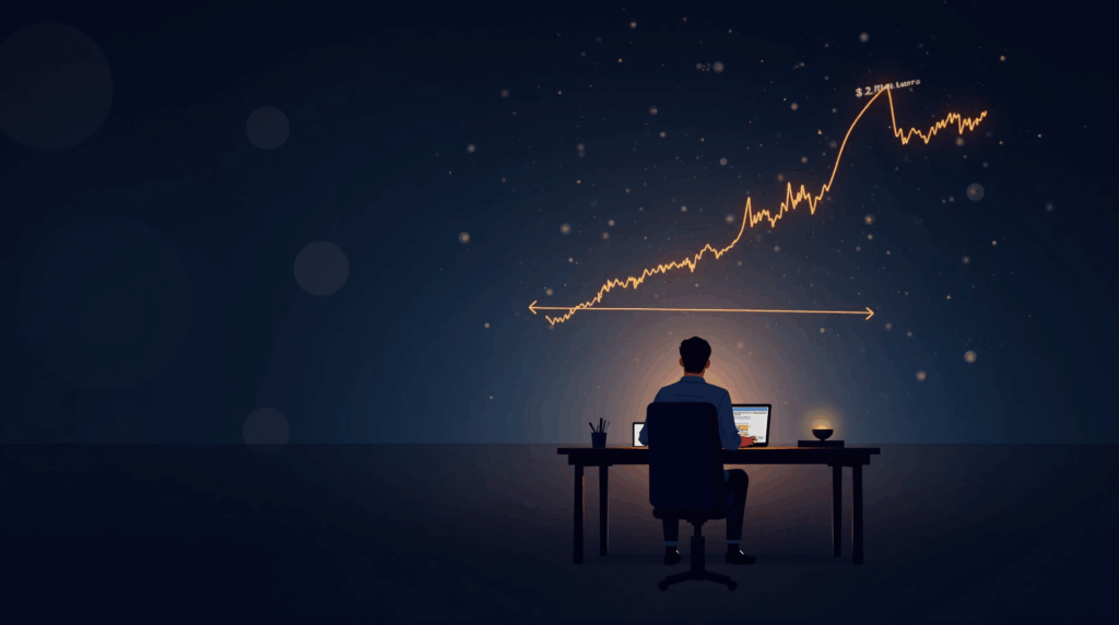 A calm person watches a PUMP chart falling to a two-week low, with buyback and whales in the background.