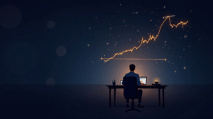 A calm person watches a PUMP chart falling to a two-week low, with buyback and whales in the background.