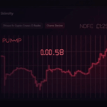 Photorealistic trader reviews a glowing dashboard with a red downward PUMP chart near 0.0058 and thinning network nodes.