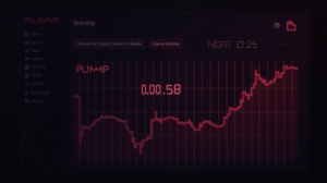 Photorealistic trader reviews a glowing dashboard with a red downward PUMP chart near 0.0058 and thinning network nodes.
